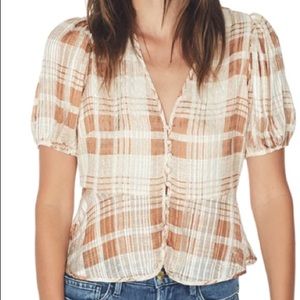 LoveShackFancy Brown and Cream Plaid Blouse